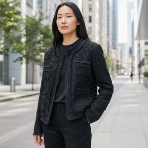Nanette Lepore Midnight Black‎ Frayed Sequined Bouclé Tweed Jacket w/ Denim Trim